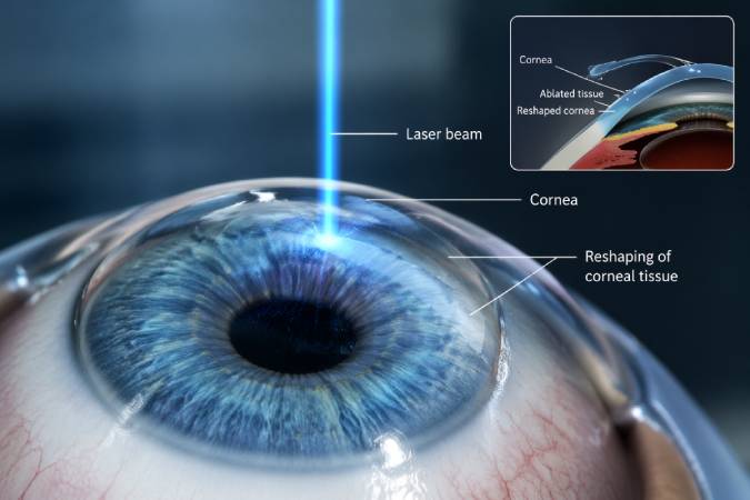 close-up of human eye focusing on cornea being reshaped by laser
