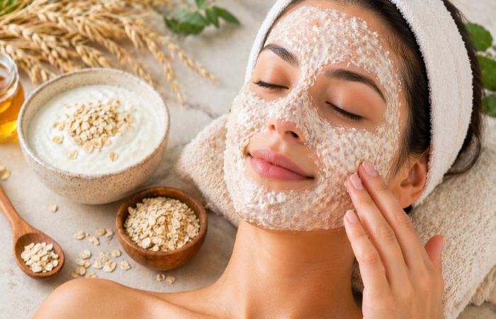 oatmeal and yogurt face mask texture applied on skin