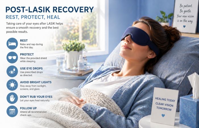 patient resting after LASIK eye surgery with protective eye care
