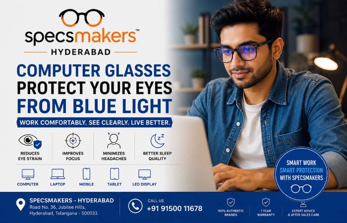 Person wearing blue-light computer glasses at a laptop — available at Specsmakers Malkajgiri Hyderabad