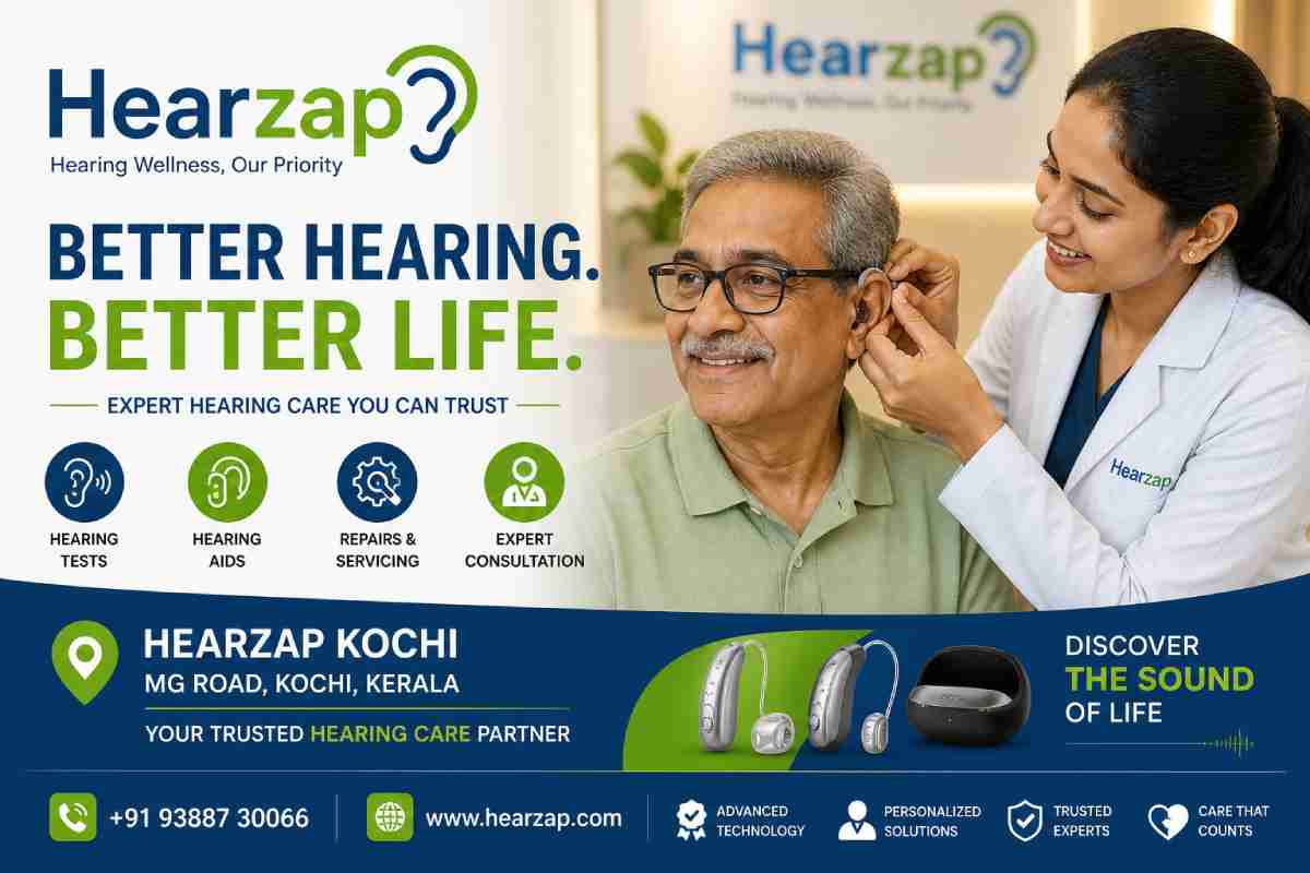 Hearzap Kochi hearing clinic at Chenchery Building, Mahatma Gandhi Road near KPCC Junction